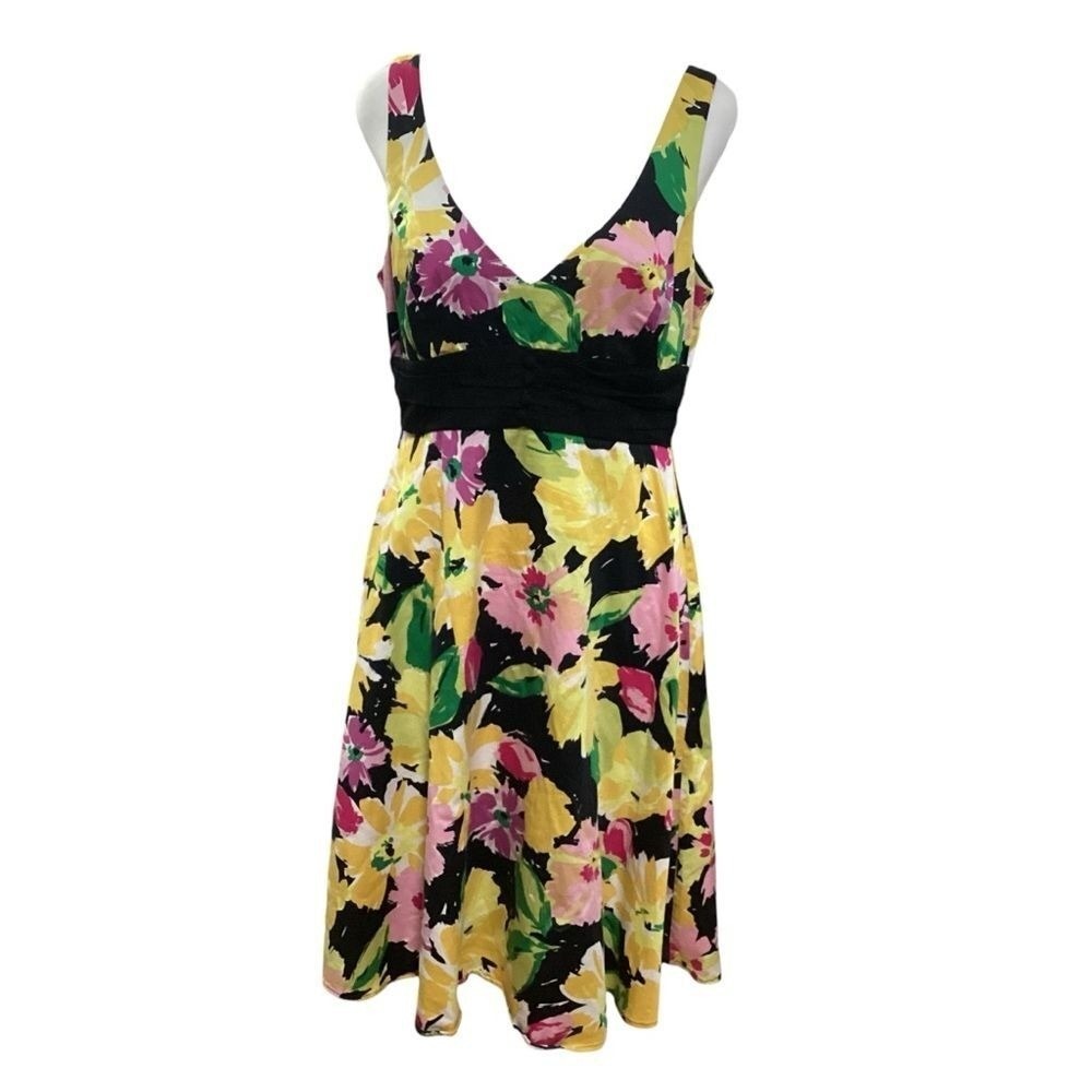 B. Smart Floral Empire Waist Fit and Flare Dress Black Yellow Pink Size 10